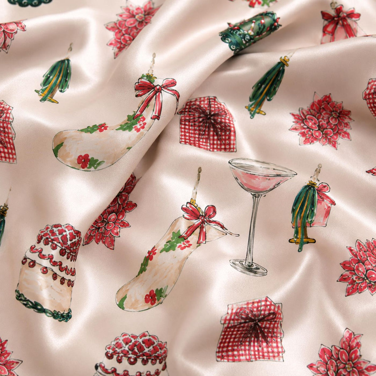 Festive Satin Christmas Pajama Set with Wreaths Poinsettias Ornaments Print