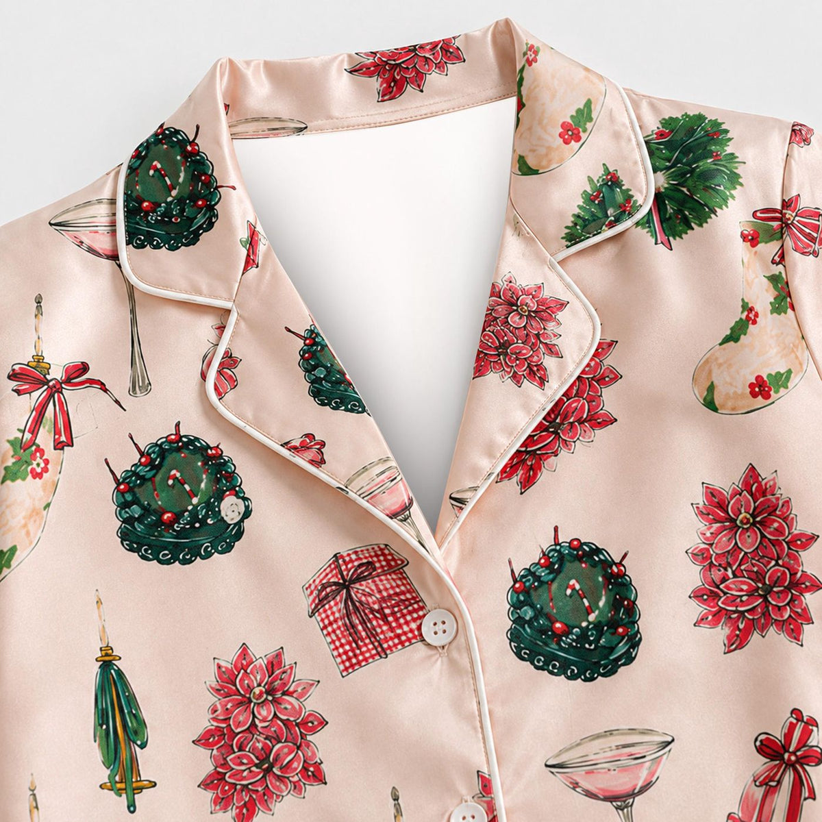 Satin Christmas Pajama Set with Wreaths Poinsettias Ornaments Botanical Print