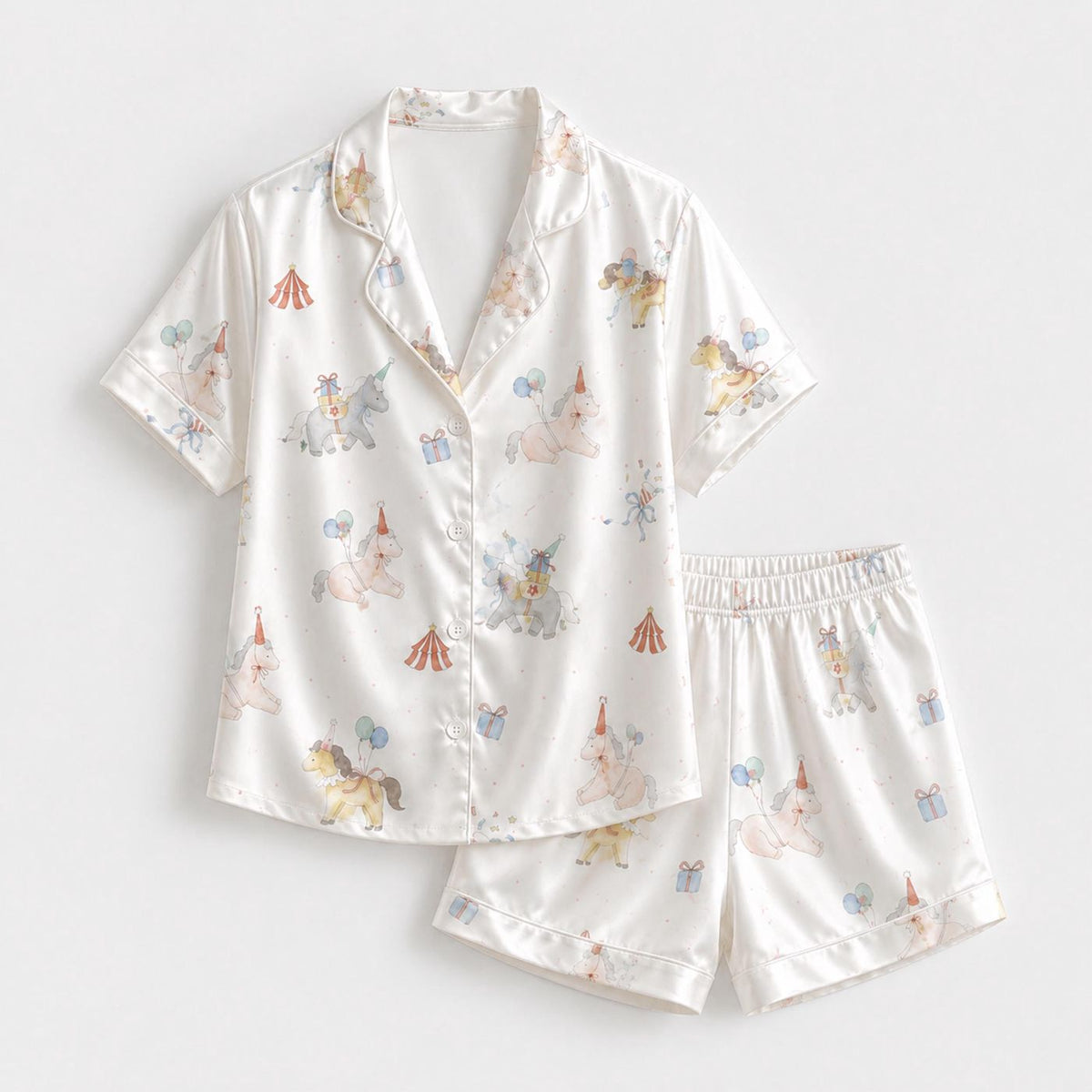Satin Circus Pony Pajama Set for Kids Whimsical Birthday Sleepwear Gift