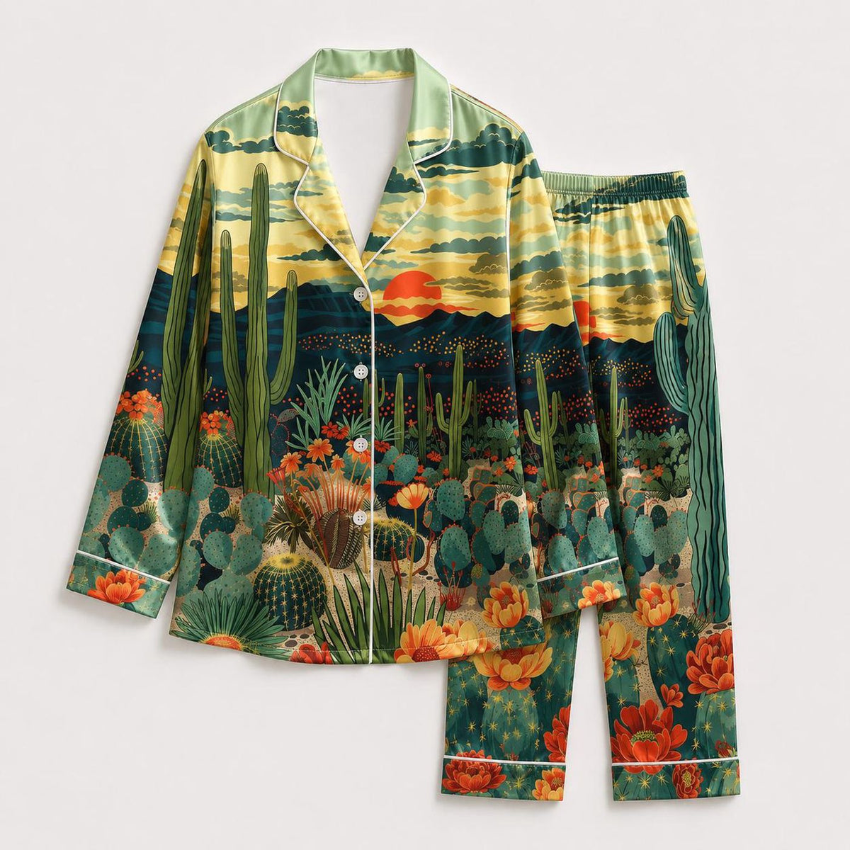 Desert Cactus & Wildflowers Satin Pajama Set: Southwestern Landscape Print