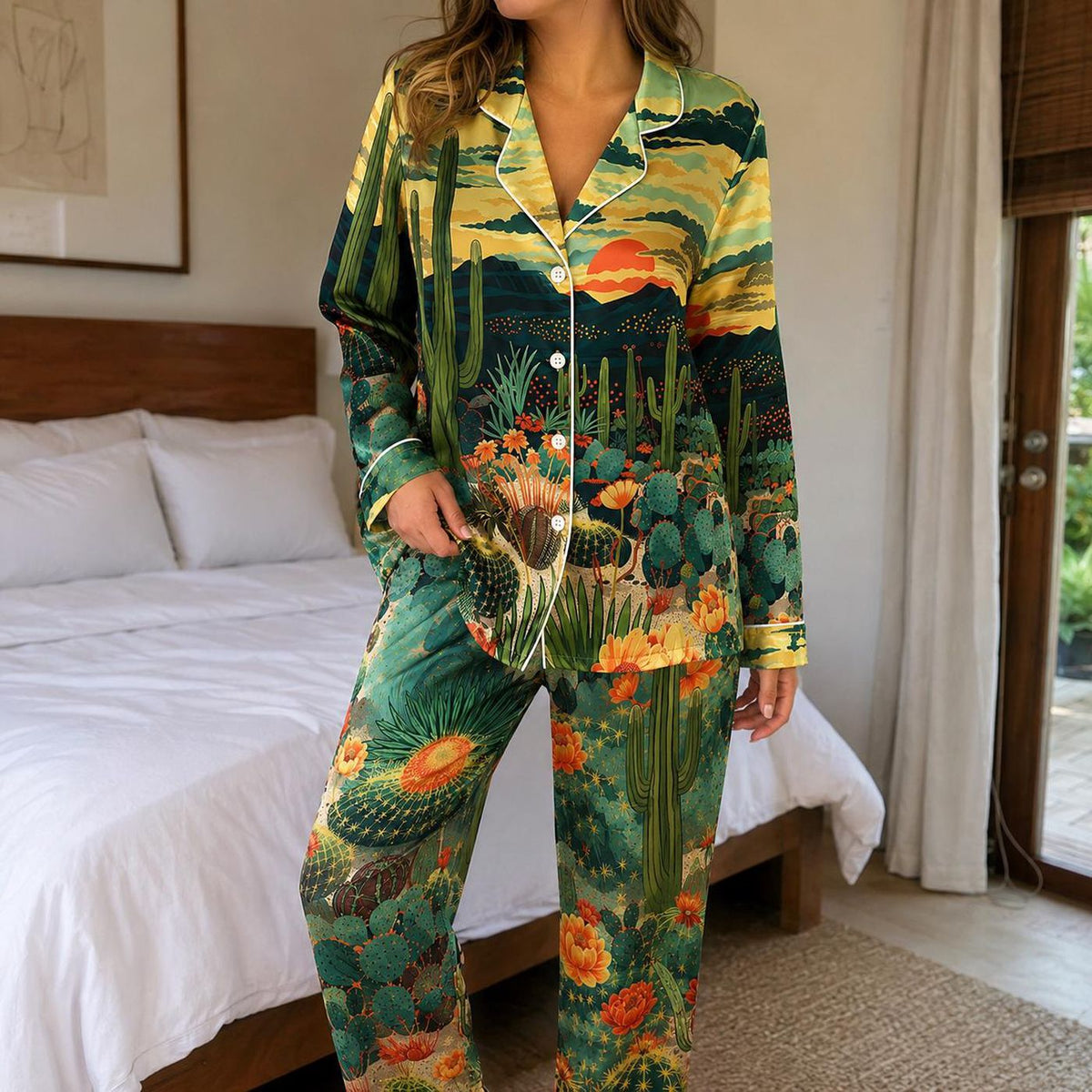 Desert Cactus & Wildflowers Satin Pajama Set: Southwestern Landscape Print