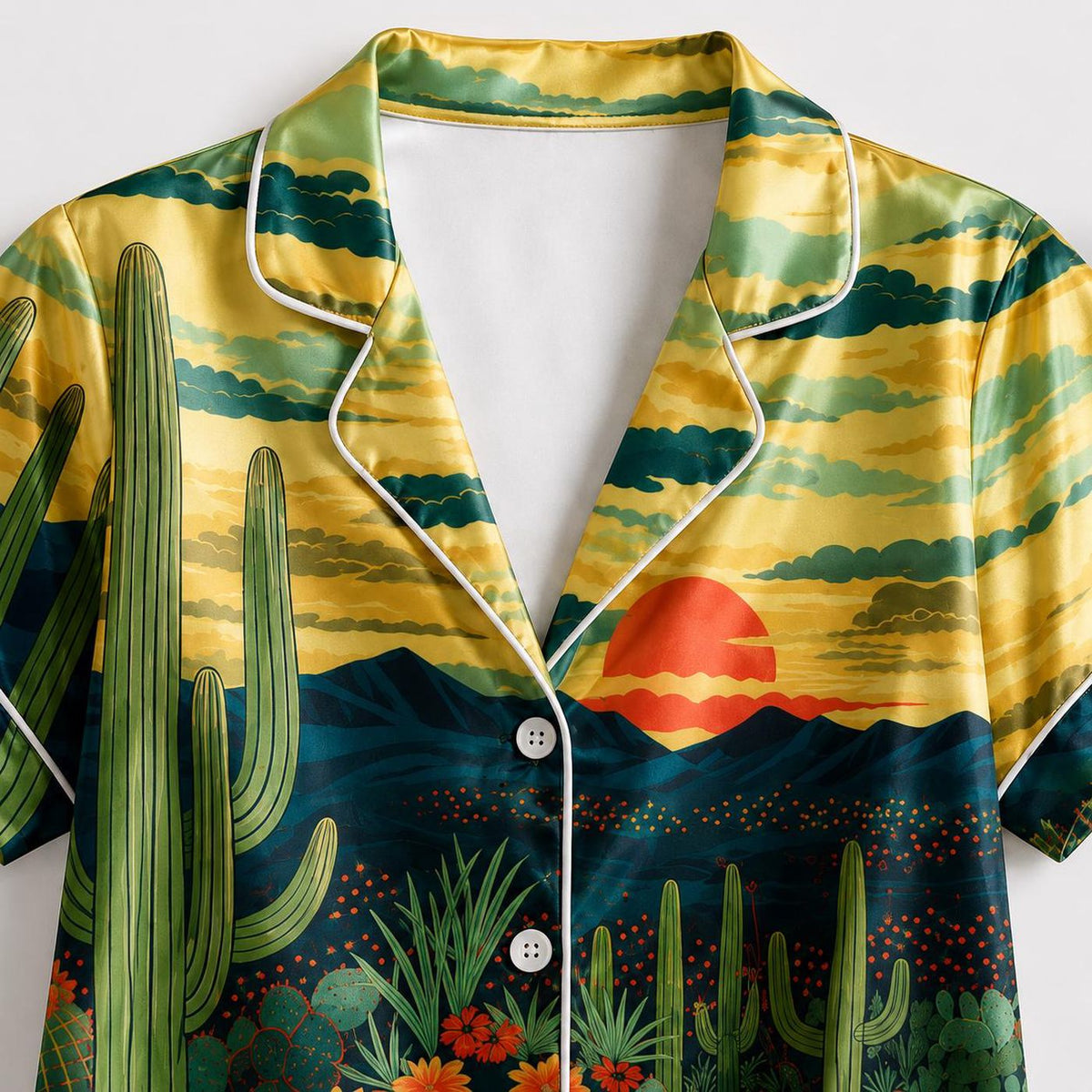 Desert Cactus & Wildflowers Satin Pajama Set: Southwestern Landscape Print