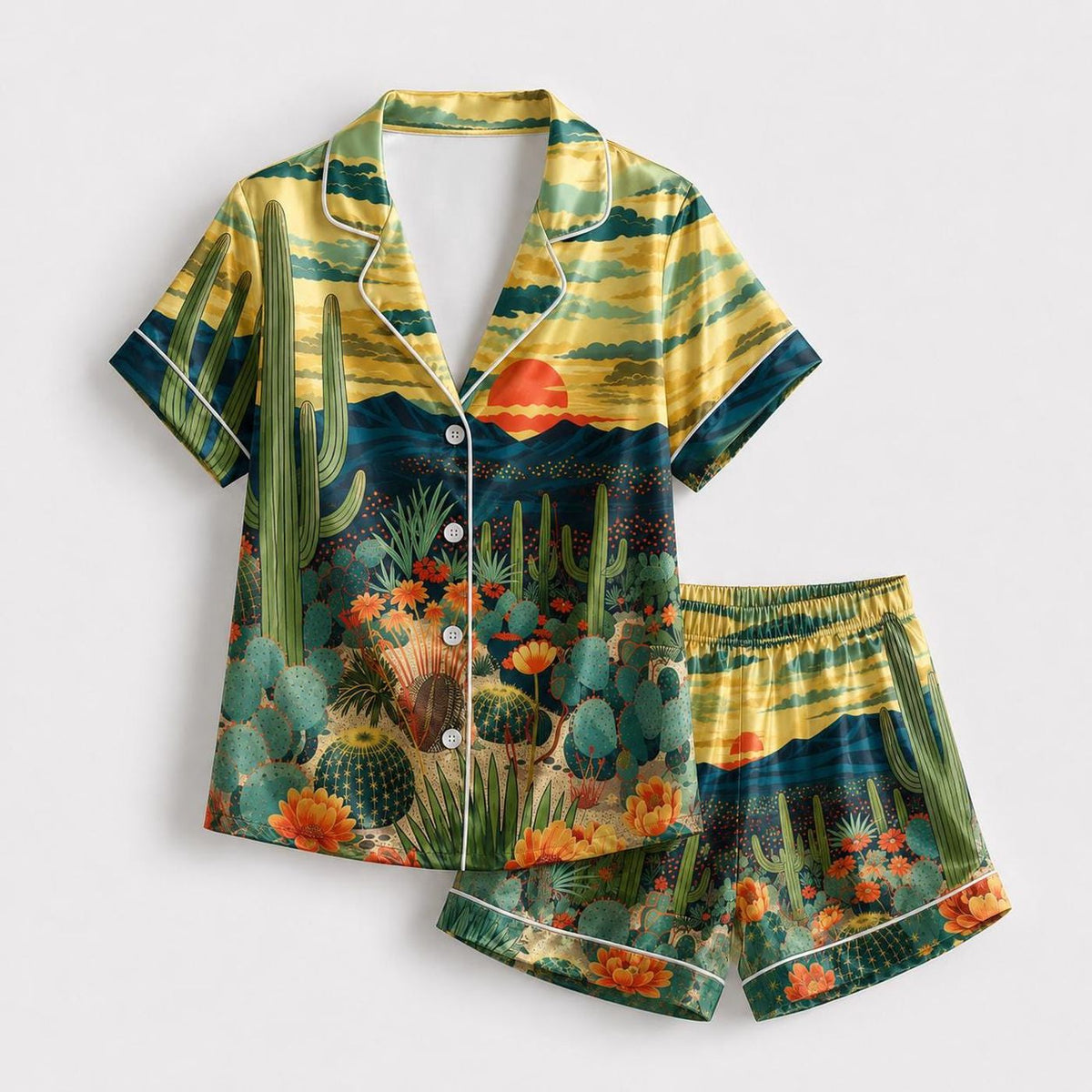 Desert Cactus Wildflowers Satin Pajama Set Southwest Landscape
