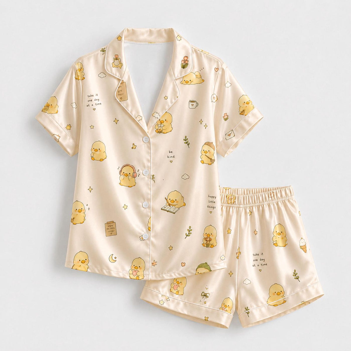 Stylish Duck Print Satin Pajama Set with Minimalist Piping - Comfortable Sleepwear