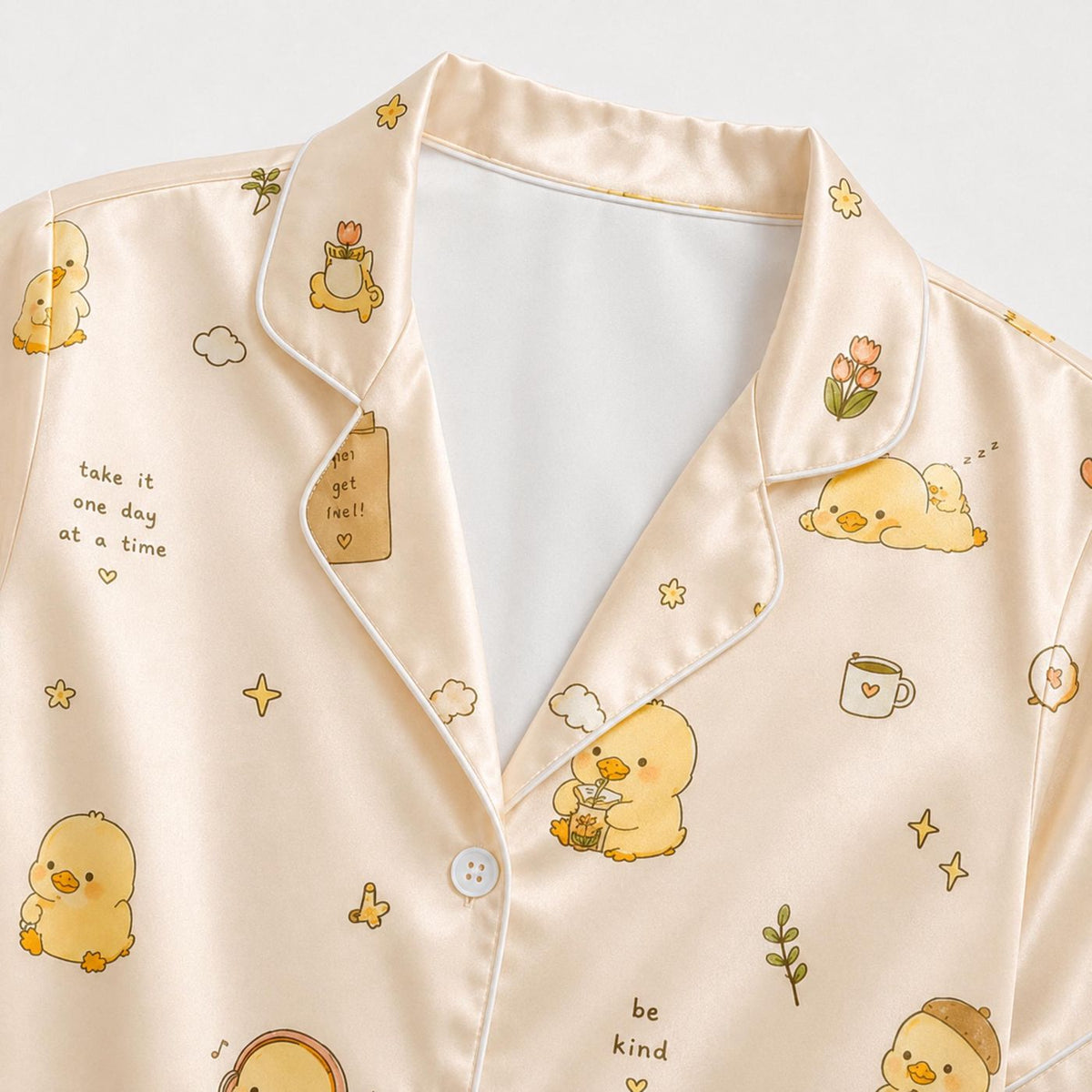 Stylish Duck Print Satin Pajama Set with Minimalist Piping - Comfortable Sleepwear