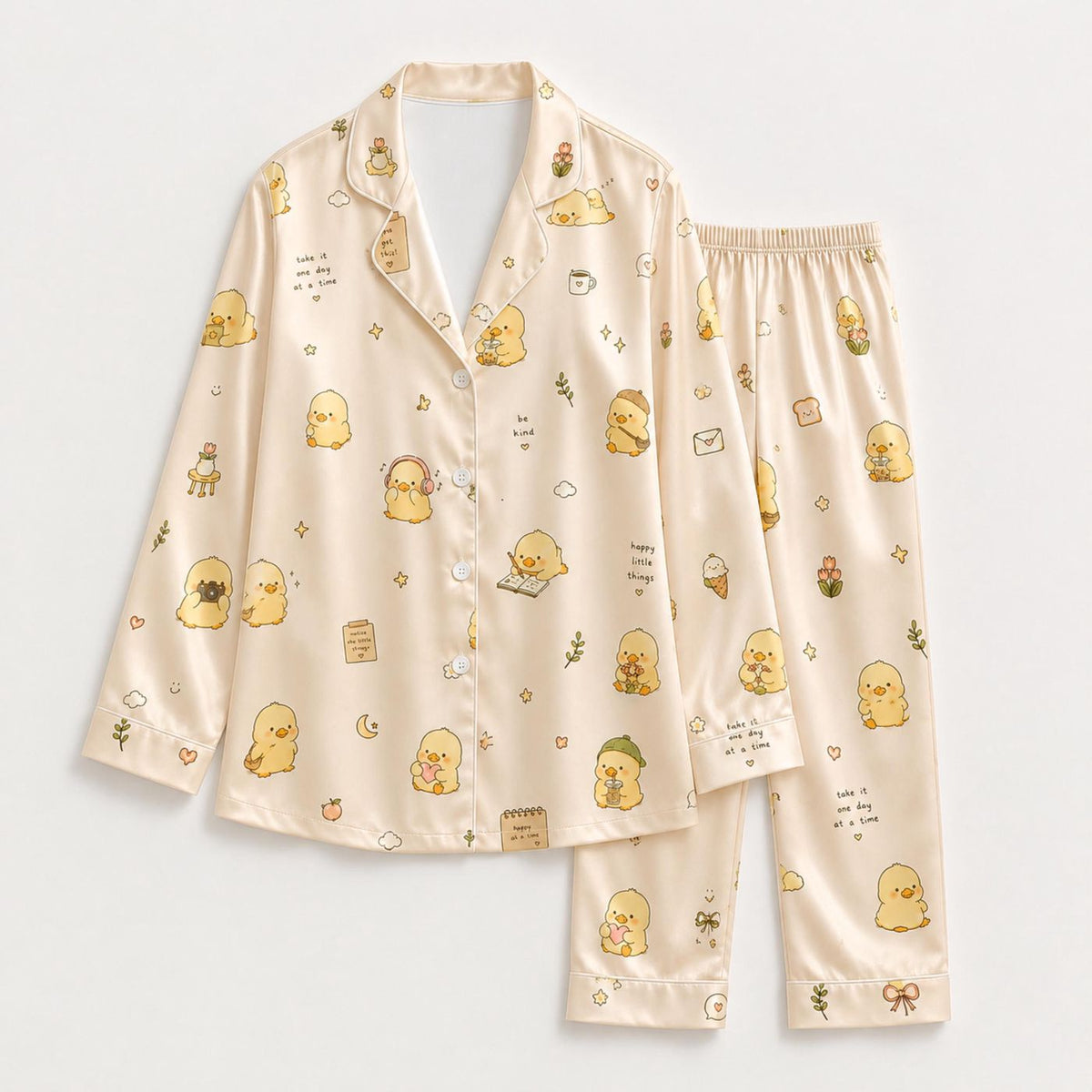 Stylish Duck Print Satin Pajama Set with Minimalist Piping - Comfortable Sleepwear