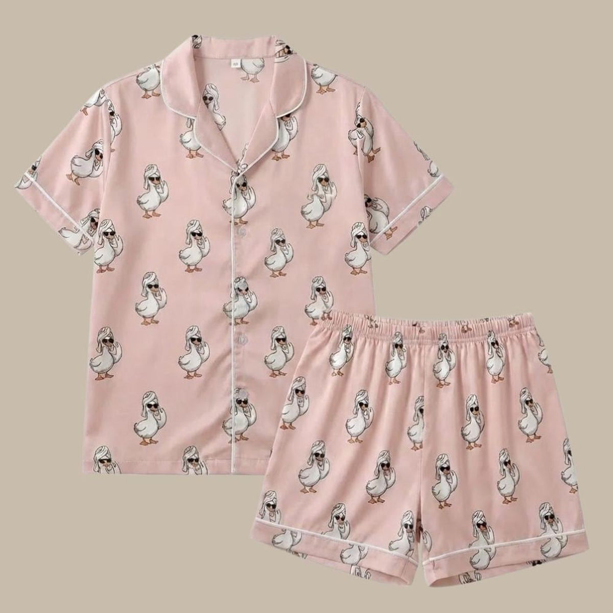 Pink Silly Goose Satin Pajama Set, Animal Print Sleepwear PJs, Fun Birthday Gift for Women