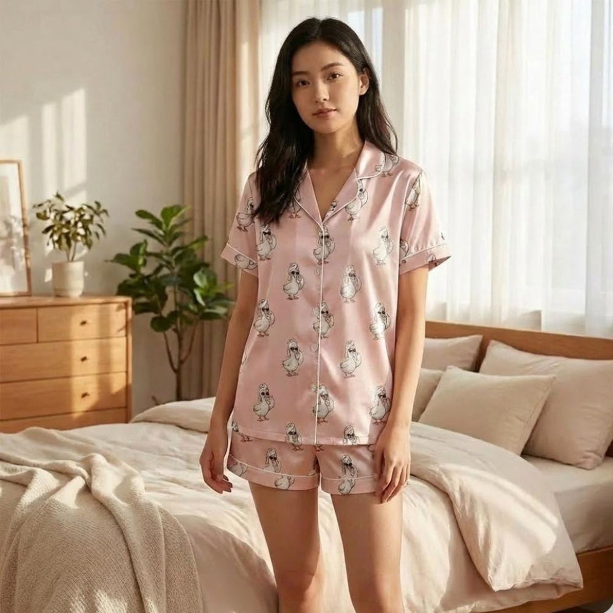 Pink Silly Goose Satin Pajama Set, Animal Print Sleepwear PJs, Fun Birthday Gift for Women