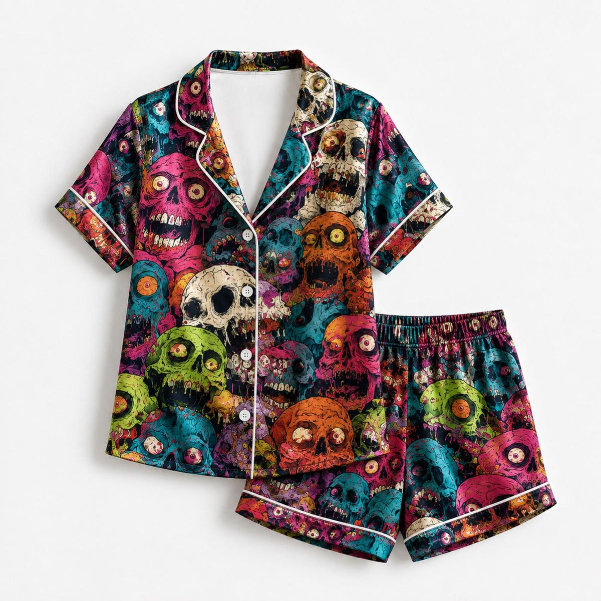 Satin Zombie Skull Pajama Set: Vibrant Horror Sleepwear for Spooky Nights