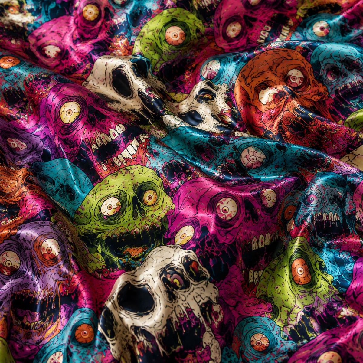 Satin Zombie Skull Pajama Set: Vibrant Horror Sleepwear for Spooky Nights
