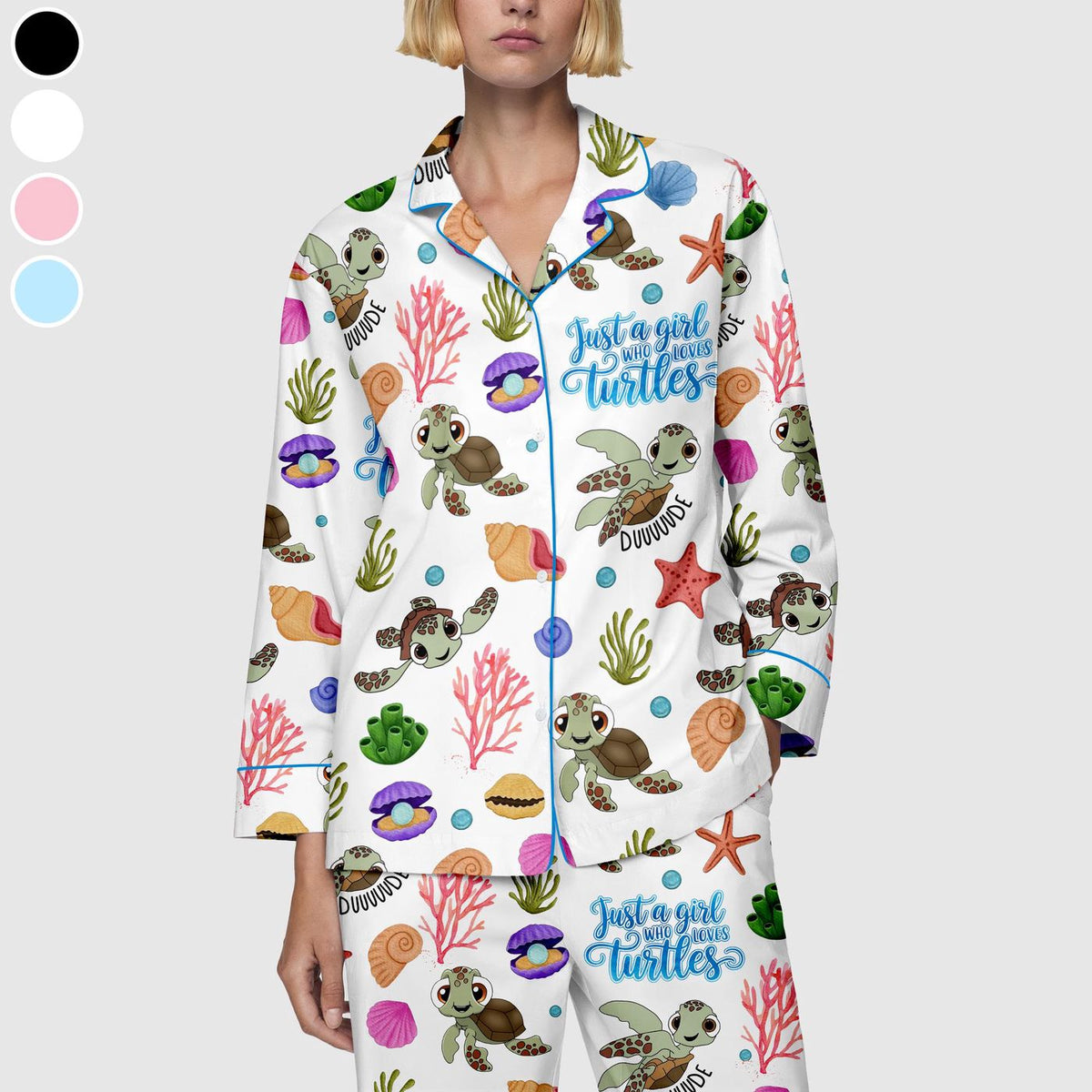 Ocean Print Sea Turtle Pajama Set for Women - Satin Sleepwear Turtle Lovers Gift