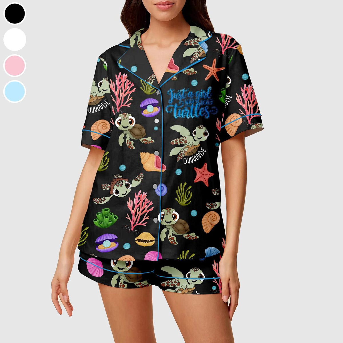 Ocean Print Sea Turtle Pajama Set for Women - Satin Sleepwear Turtle Lovers Gift