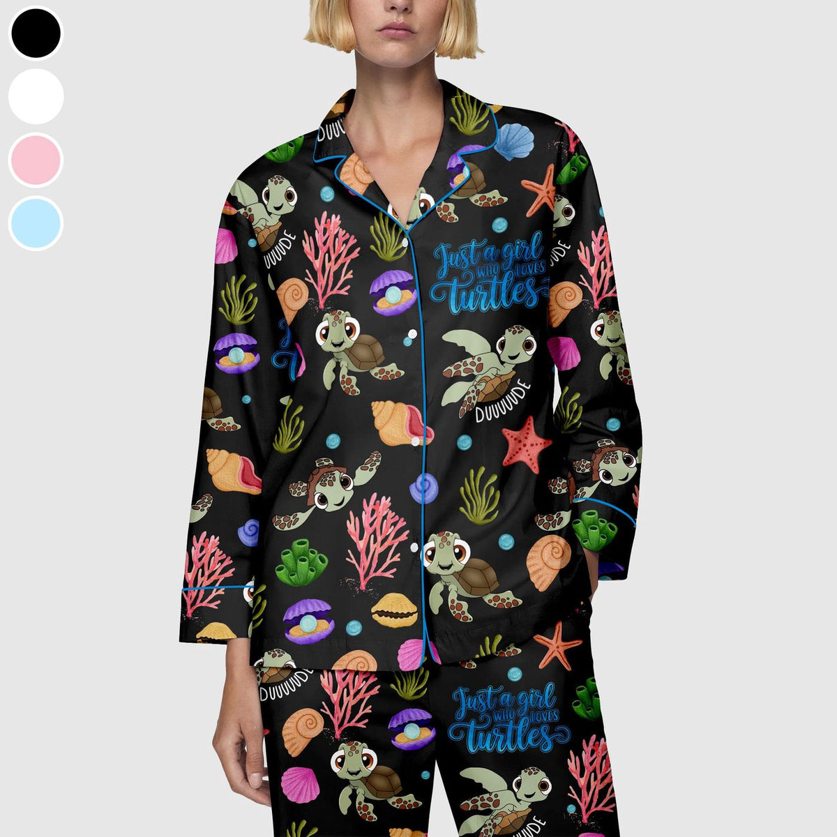 Ocean Print Sea Turtle Pajama Set for Women - Satin Sleepwear Turtle Lovers Gift
