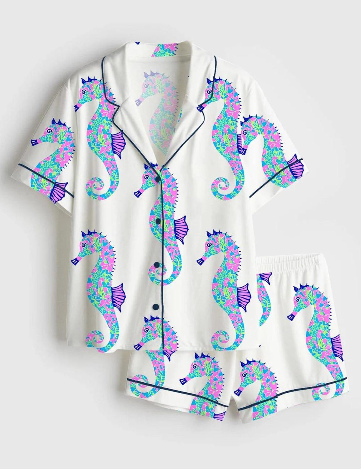 Seahorse Print Pajama Set Women Coastal Sleepwear Ocean Lover