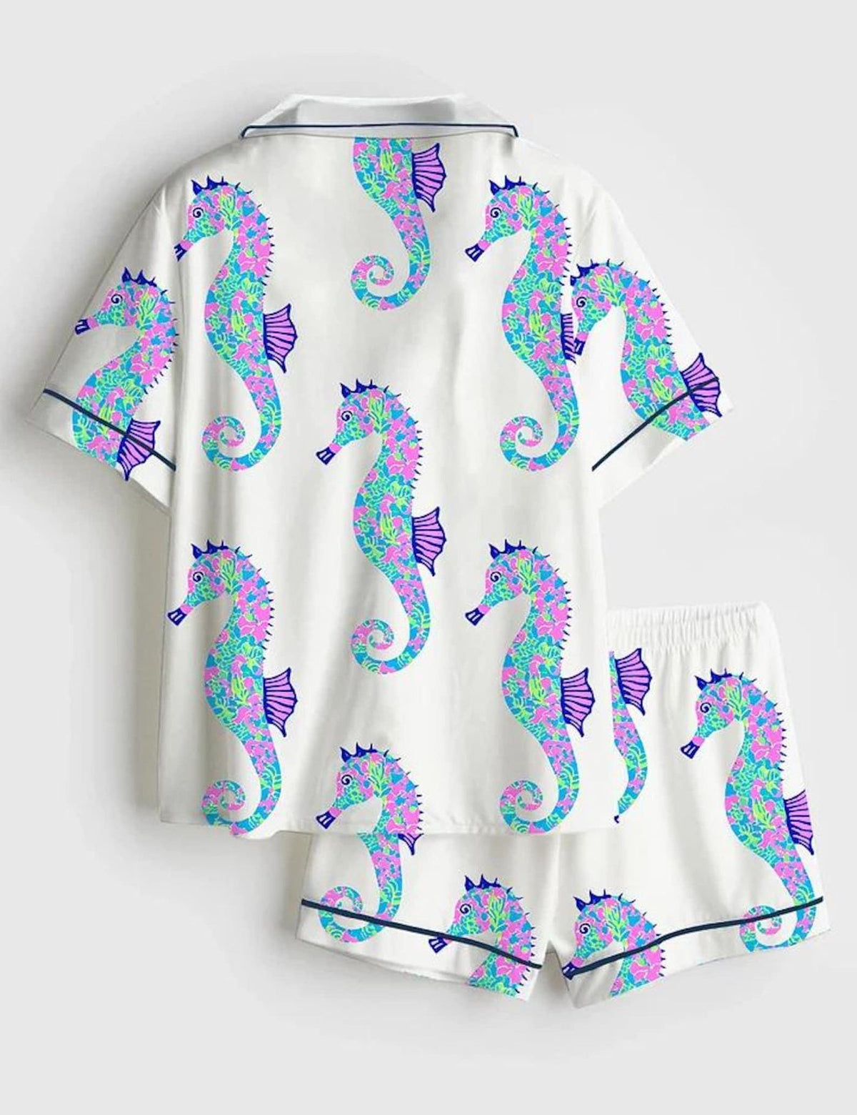 Seahorse Print Pajama Set Women Coastal Sleepwear Ocean Lover