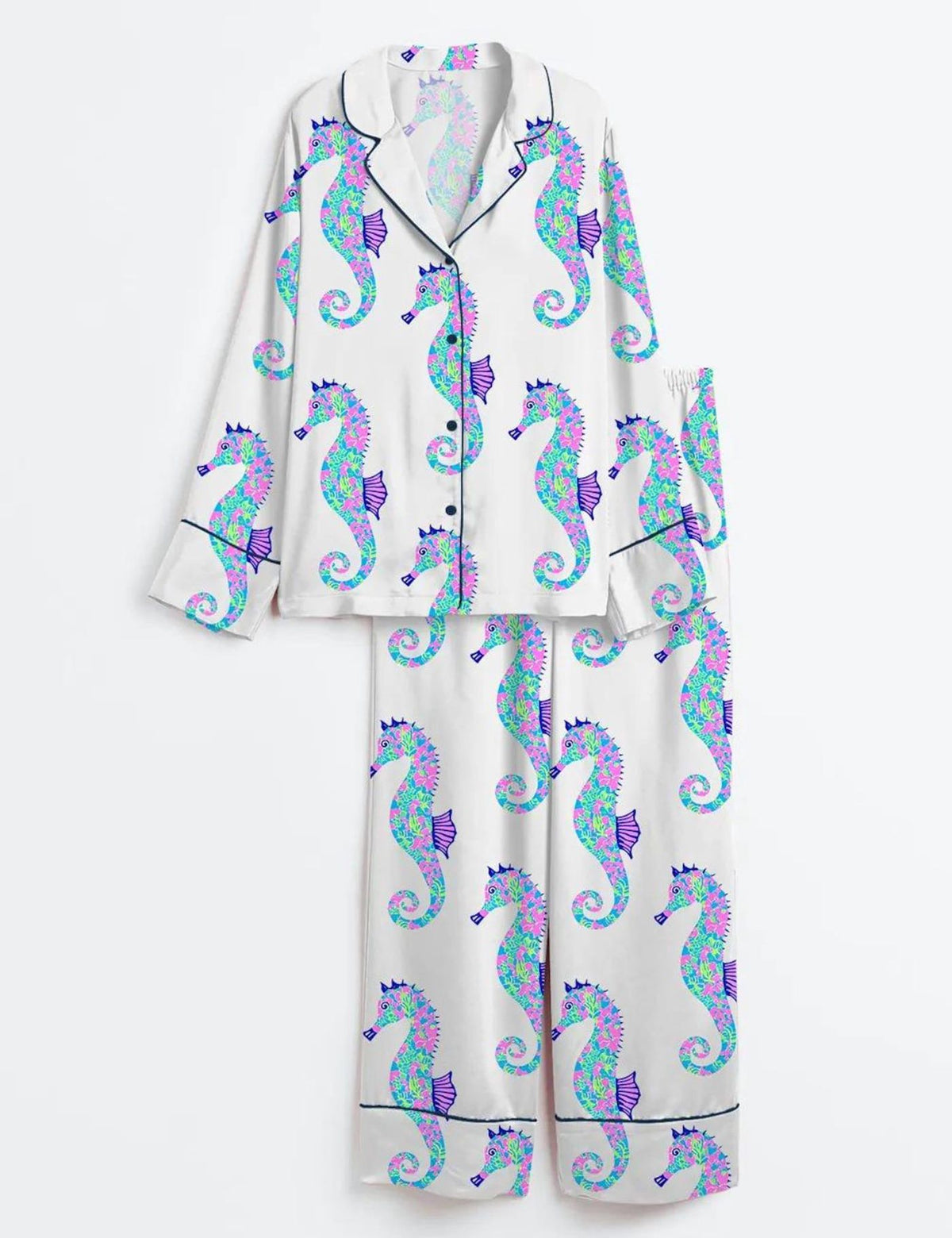 Seahorse Print Pajama Set Women Coastal Sleepwear Ocean Lover