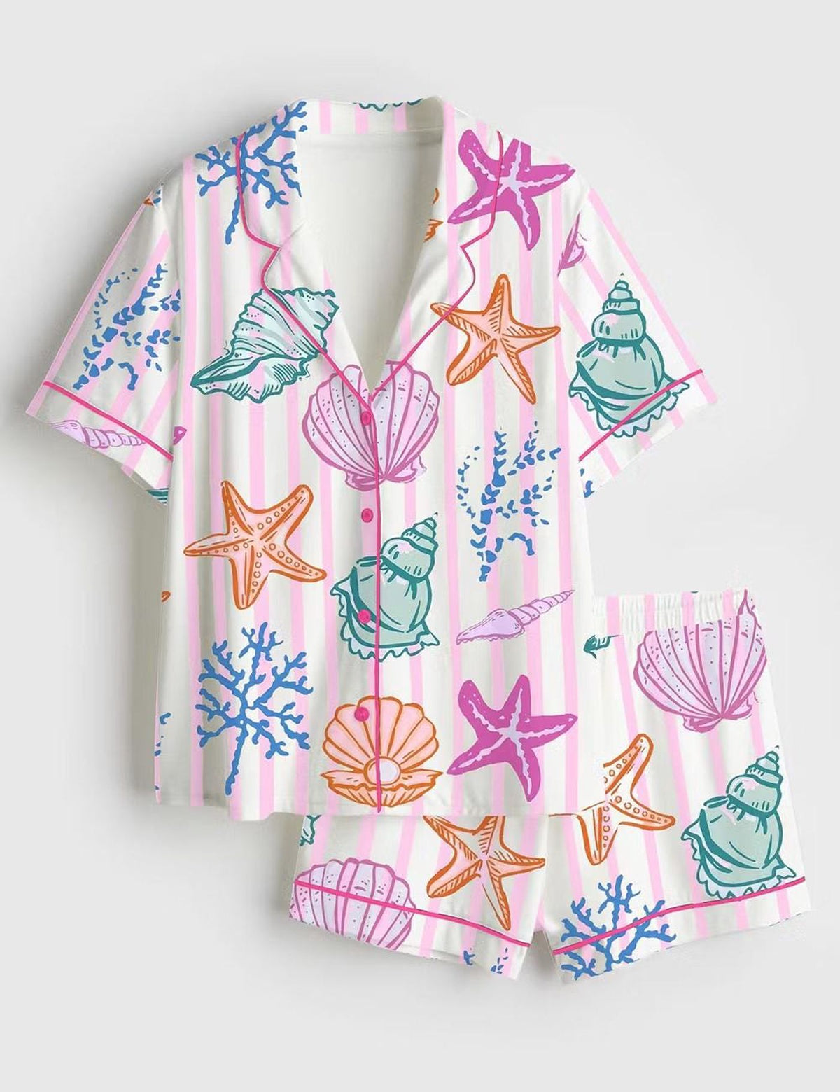 Women s Seashell Pajama Set: Coastal Beach Satin Sleepwear with Ocean Starfish Shell Design Pink Striped Loungewear
