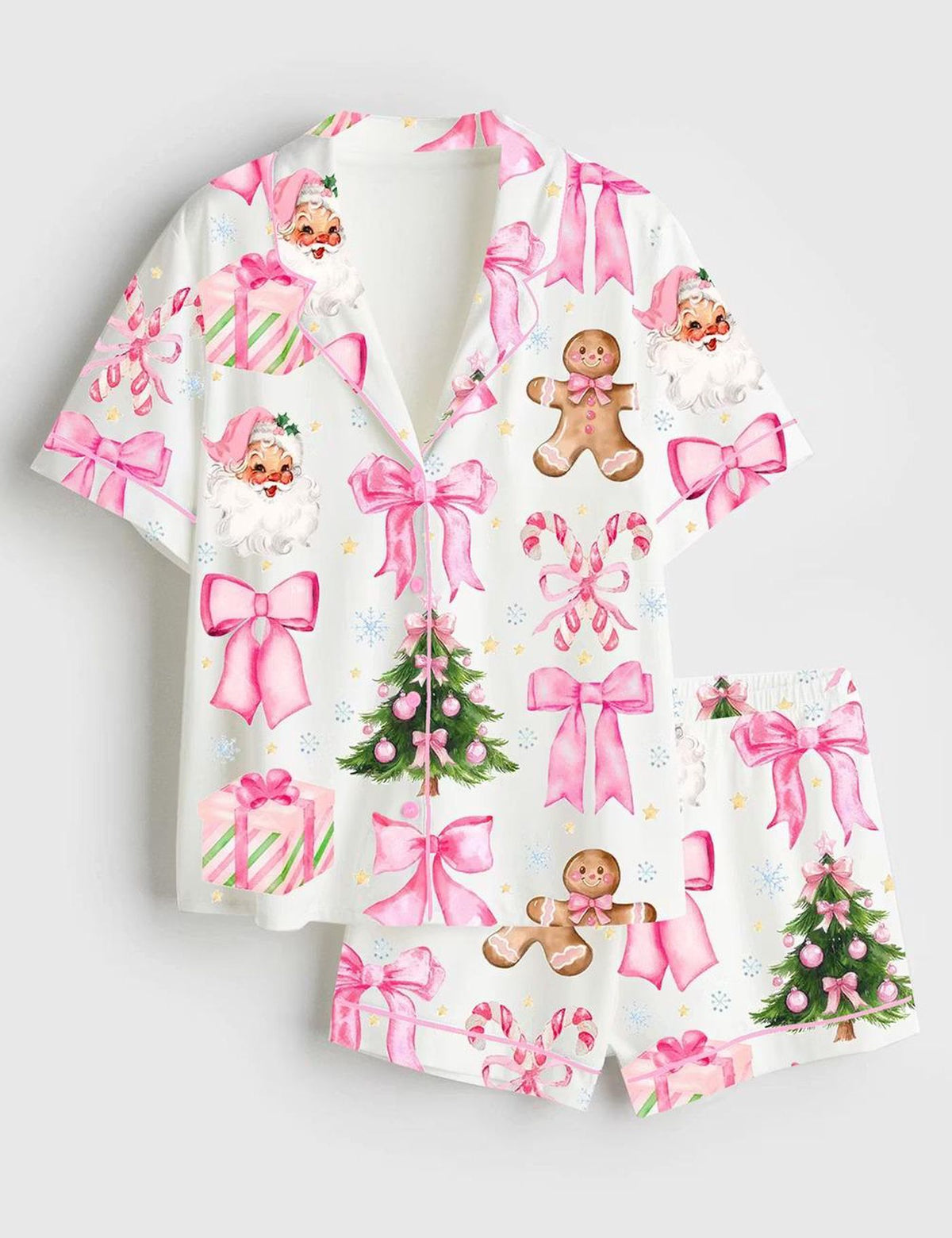 Festive Pink Bow Candy Cane Christmas PJs: Short Sleeve Satin Sleepwear Set for Women