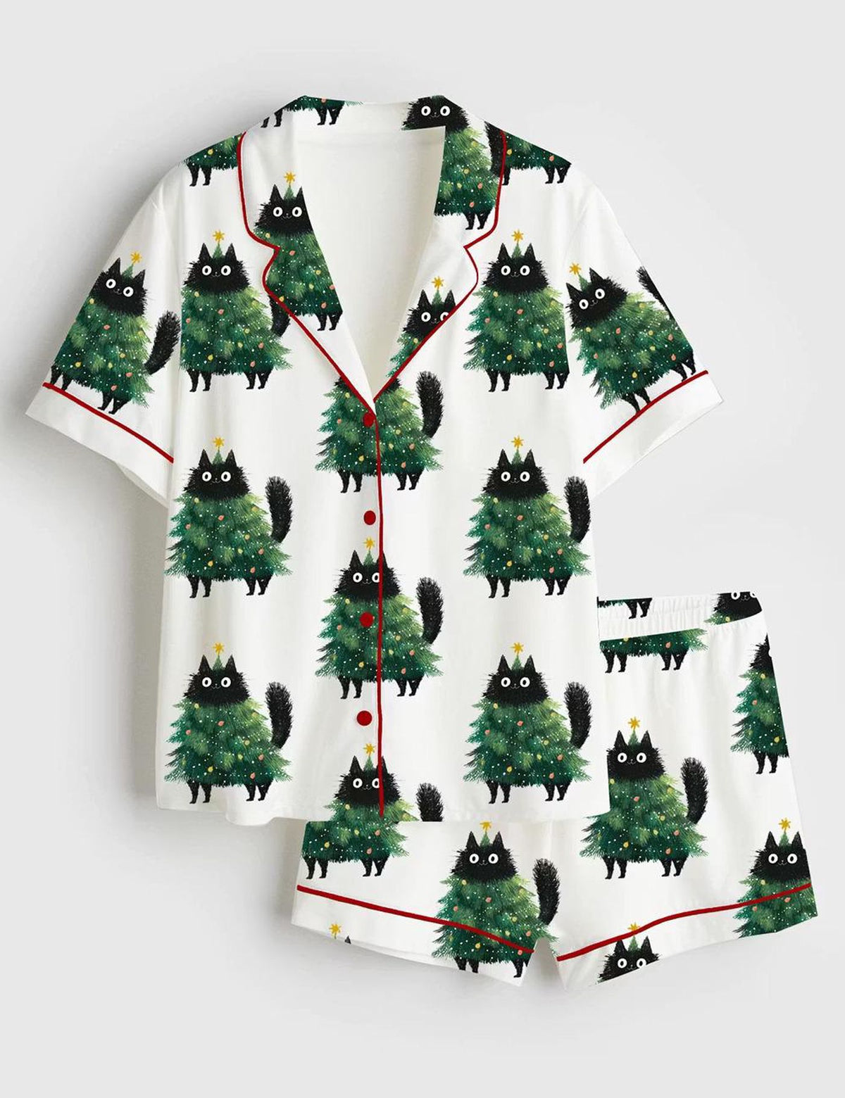 Funny Cat Christmas Tree PJs for Women Cute Holiday Satin Sleepwear Set