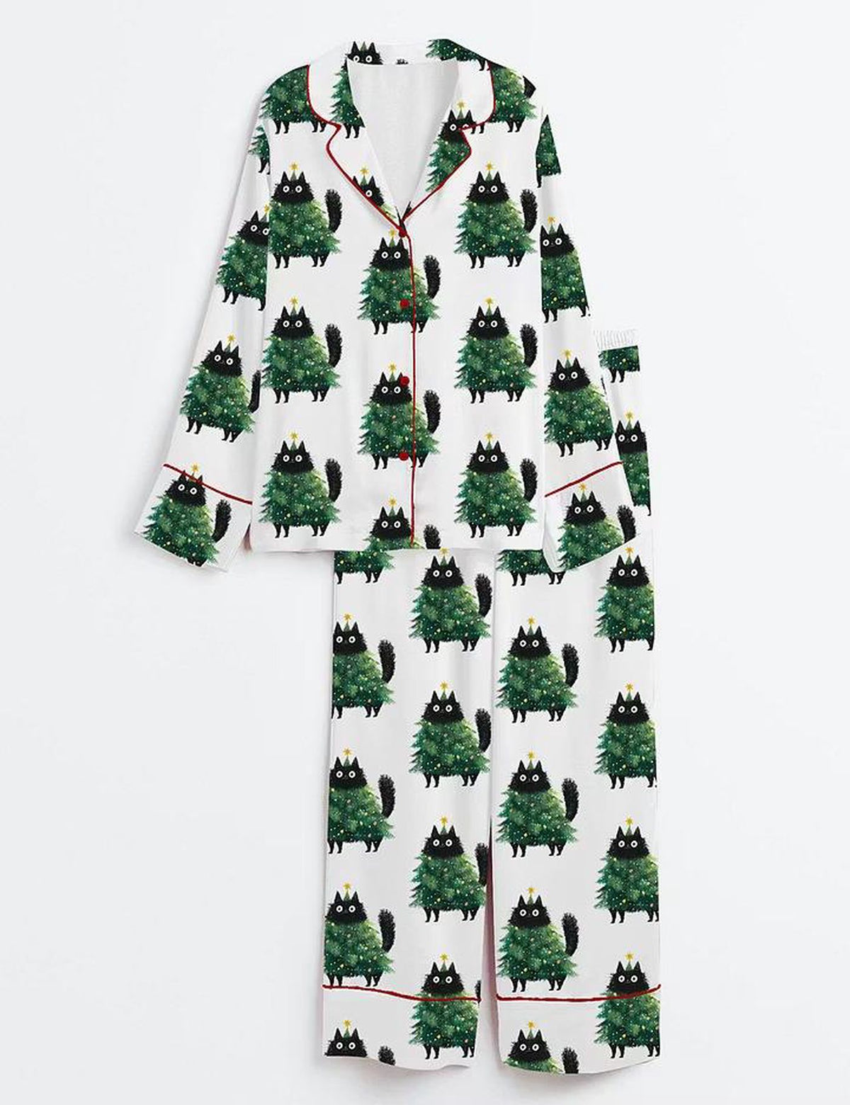 Funny Cat Christmas Tree PJs for Women Cute Holiday Satin Sleepwear Set