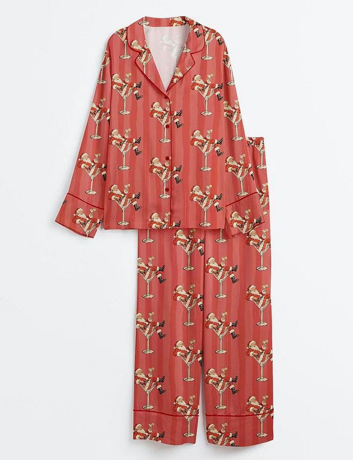Red Santa Martini Christmas Pajama Set - Short Sleeve Satin Retro Sleepwear