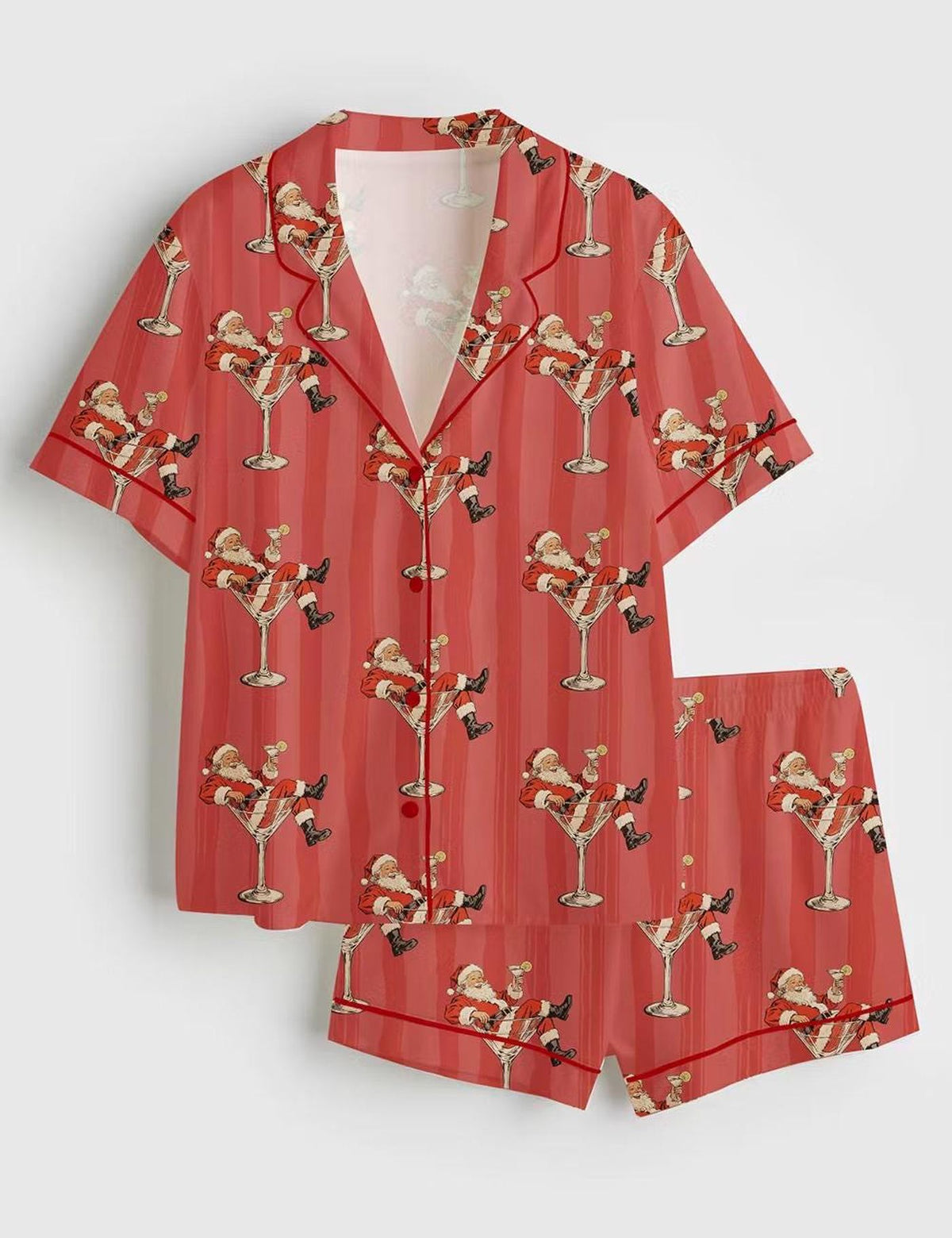 Red Santa Martini Christmas Pajama Set - Short Sleeve Satin Retro Sleepwear