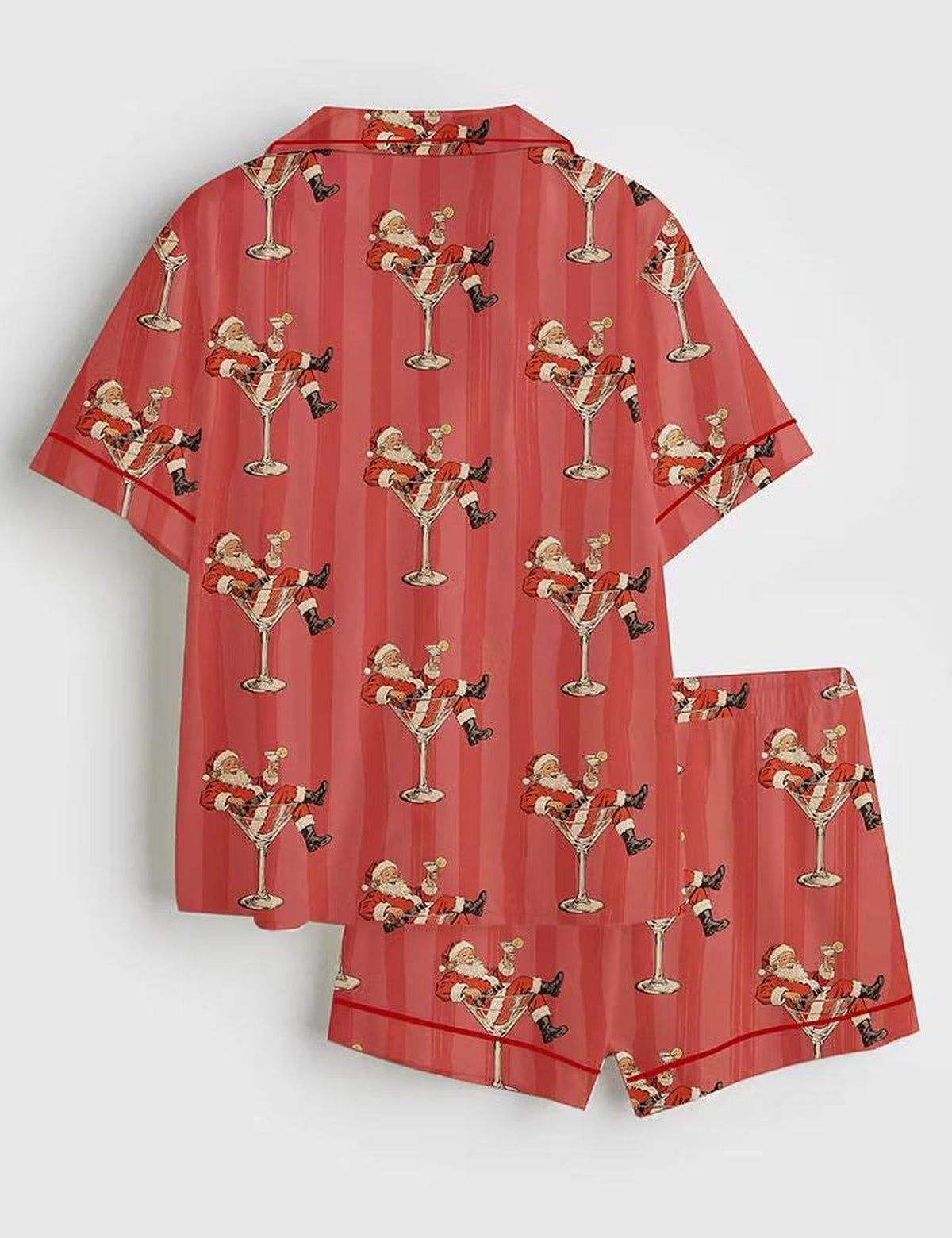 Red Santa Martini Christmas Pajama Set - Short Sleeve Satin Retro Sleepwear