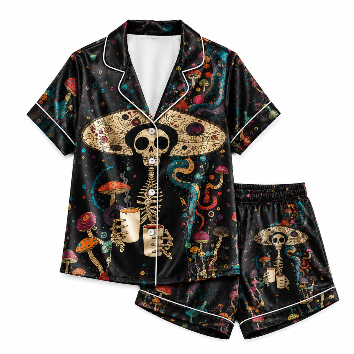 Skeleton Mushroom Satin Pajama Set Dark Fantasy Fungi Sleepwear for Adults