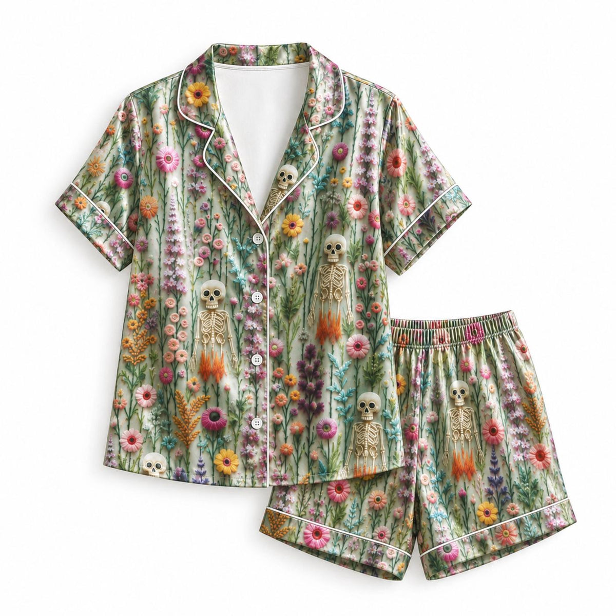 Skeleton Wildflower Satin Pajama Set Gothic Botanical Sleepwear XS-5XL