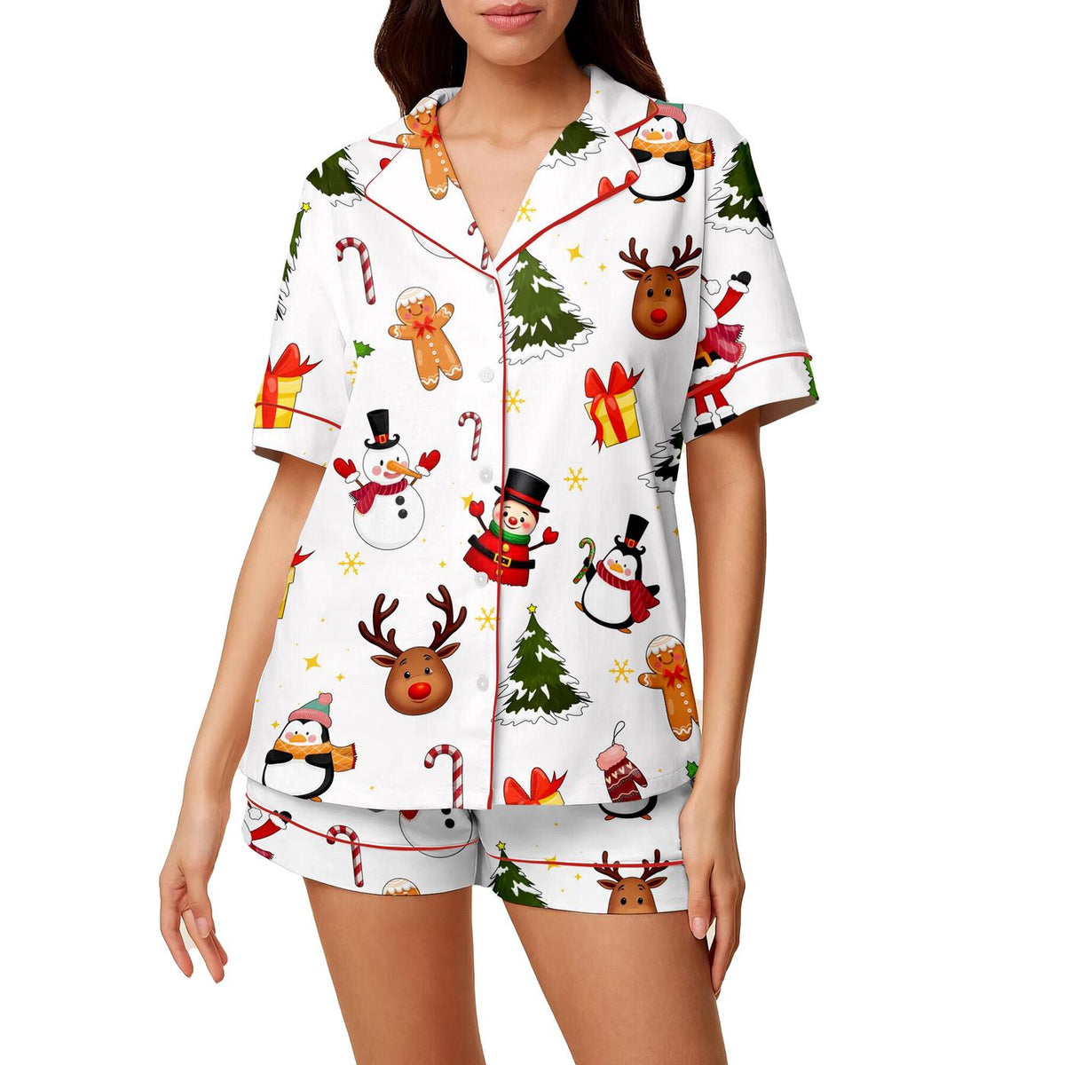 Festive Snowman & Reindeer Satin Christmas Pajama Set for Holiday Sleepwear