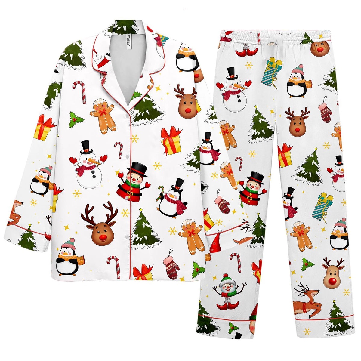 Festive Snowman & Reindeer Satin Christmas Pajama Set for Holiday Sleepwear