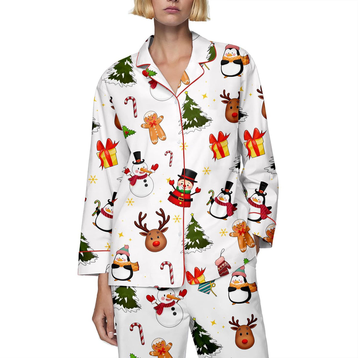Festive Snowman & Reindeer Satin Christmas Pajama Set for Holiday Sleepwear