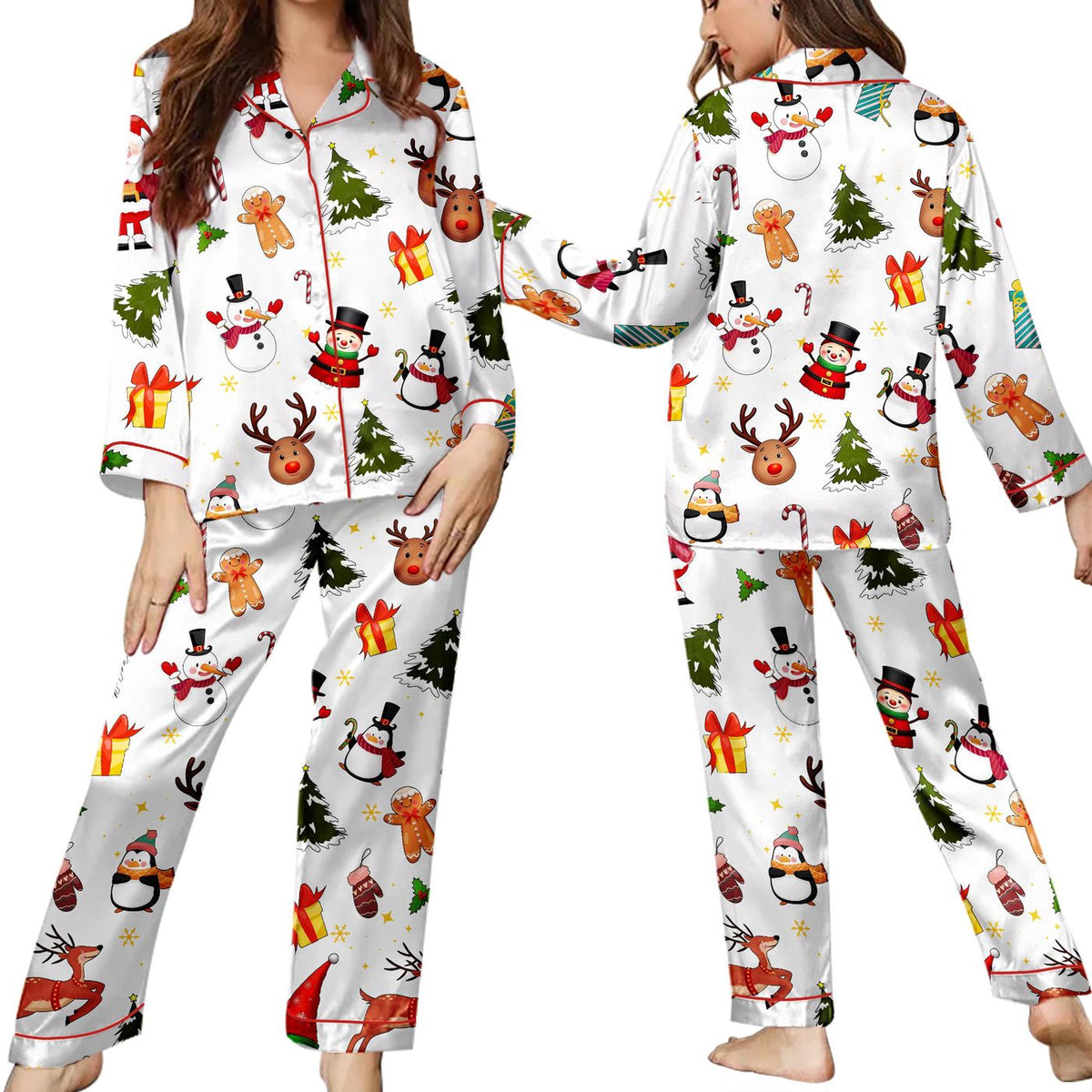 Festive Snowman & Reindeer Satin Christmas Pajama Set for Holiday Sleepwear