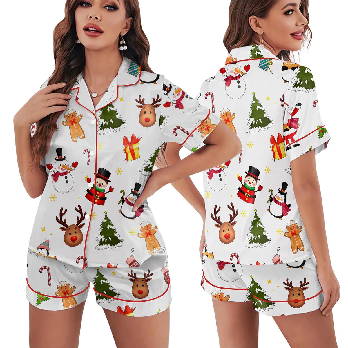 Festive Snowman & Reindeer Satin Christmas Pajama Set for Holiday Sleepwear