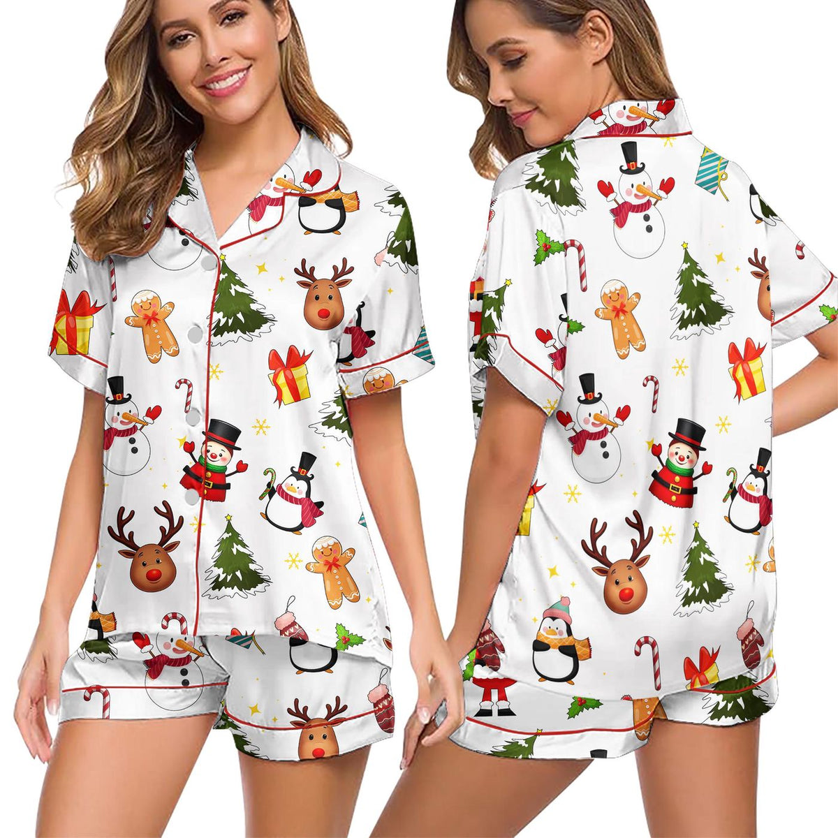 Festive Snowman & Reindeer Satin Christmas Pajama Set for Holiday Sleepwear