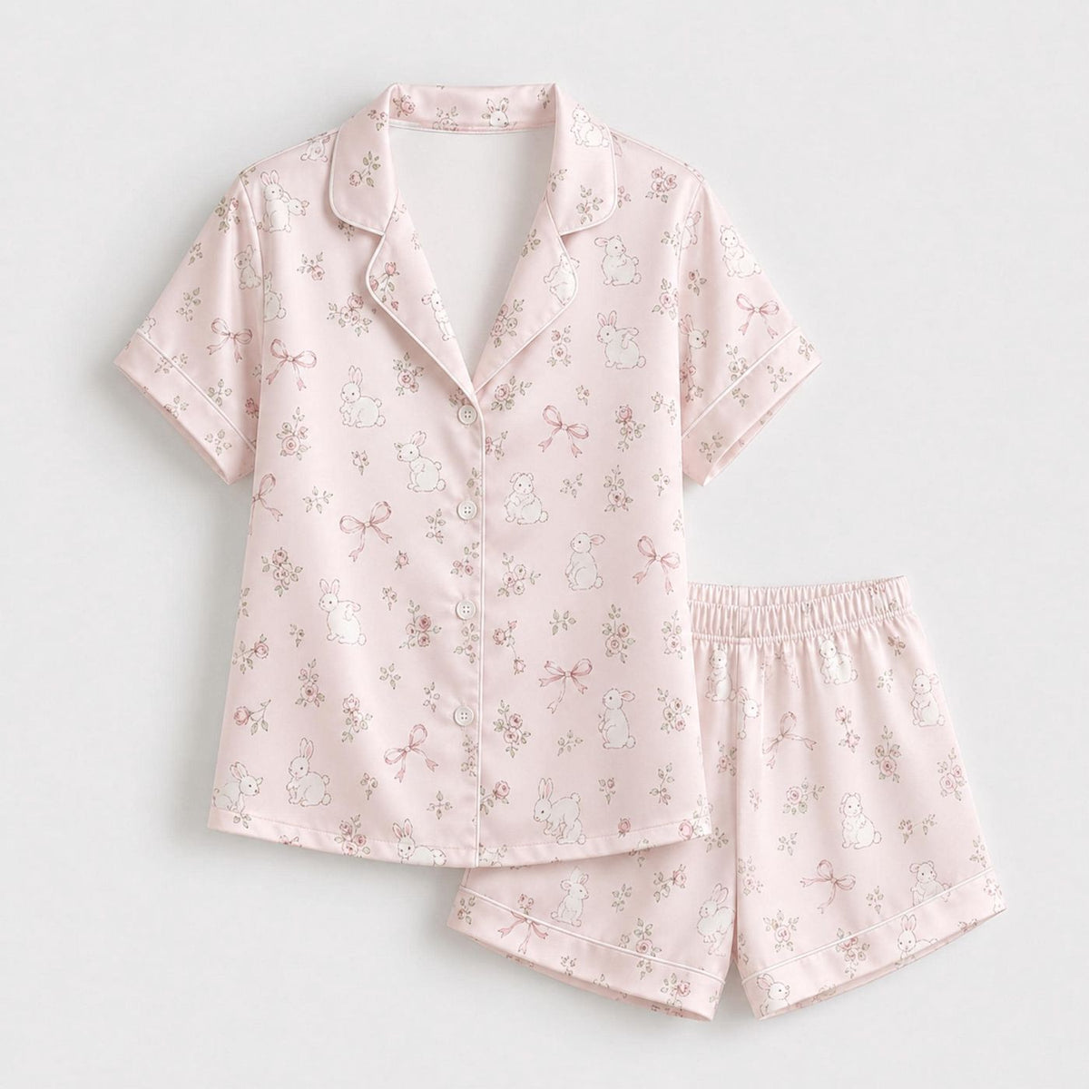Soft Pink Bunny Satin Pajama Set with Floral Bows - Cozy Sleepwear