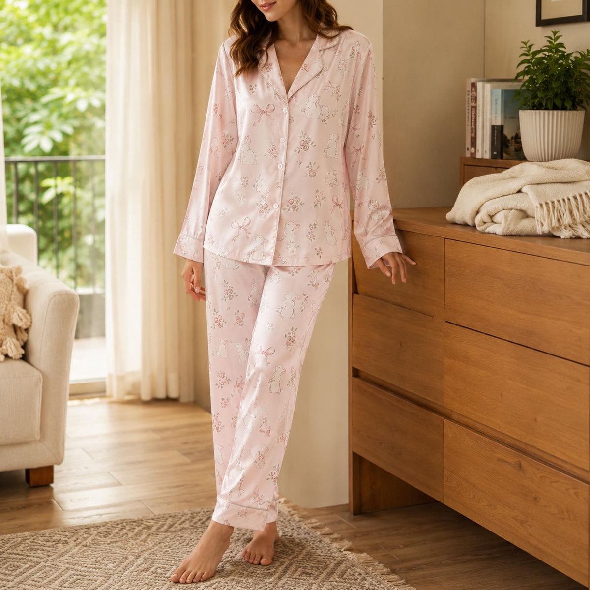 Soft Pink Bunny Satin Pajama Set with Floral Bows - Cozy Sleepwear