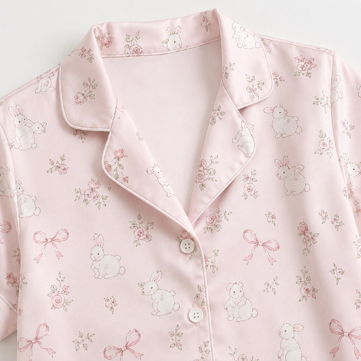 Soft Pink Bunny Satin Pajama Set with Floral Bows - Cozy Sleepwear