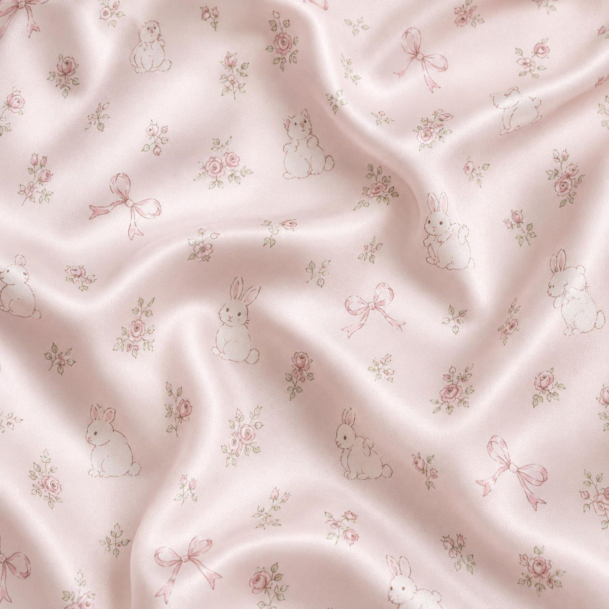 Soft Pink Bunny Satin Pajama Set with Floral Bows - Cozy Sleepwear