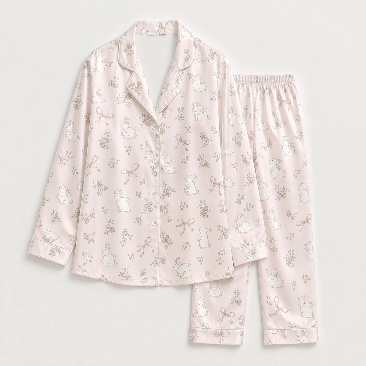 Soft Pink Bunny Satin Pajama Set with Floral Bows - Cozy Sleepwear