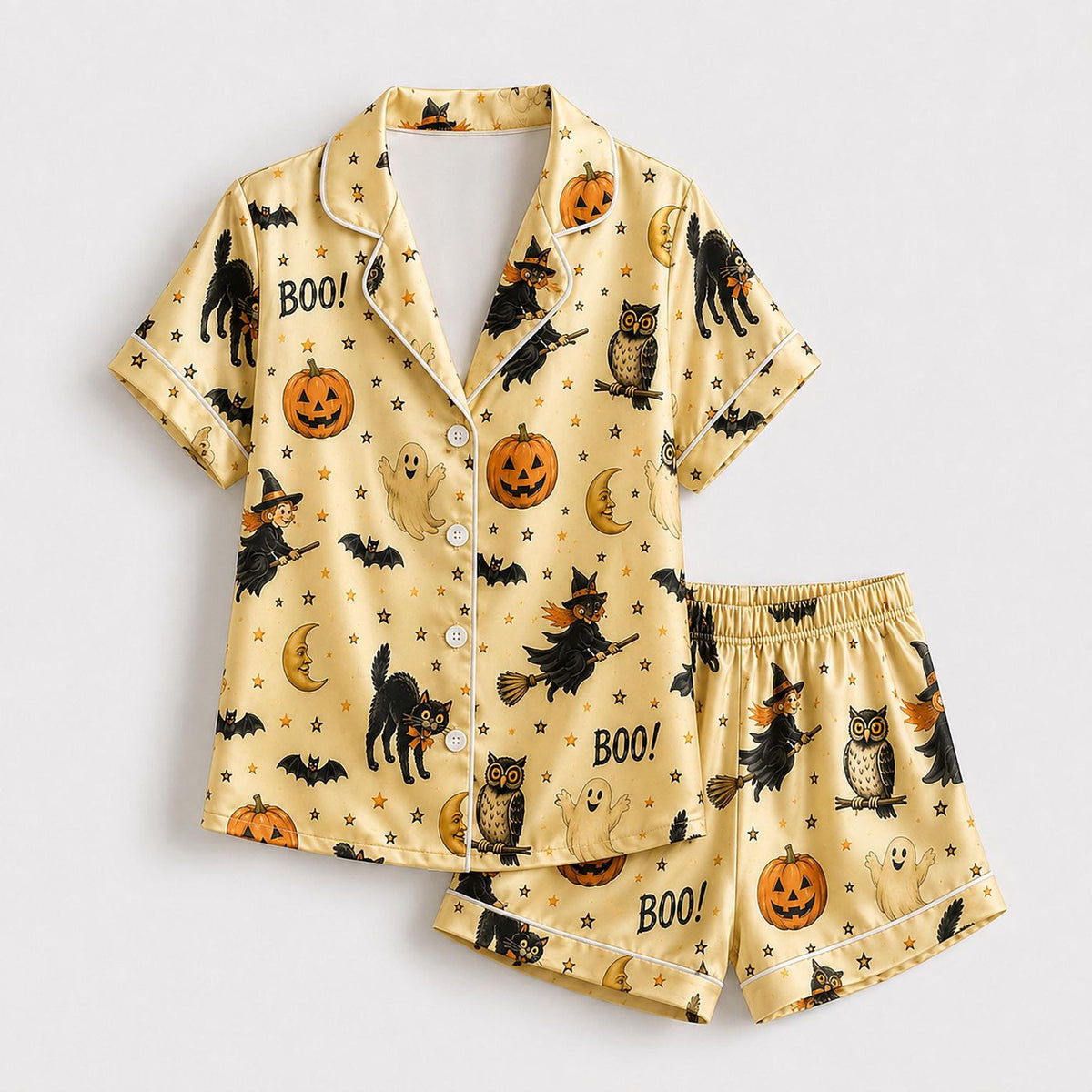 Spooky Yellow Satin Retro Halloween Pajamas Autumn Lounge Set Sleepwear