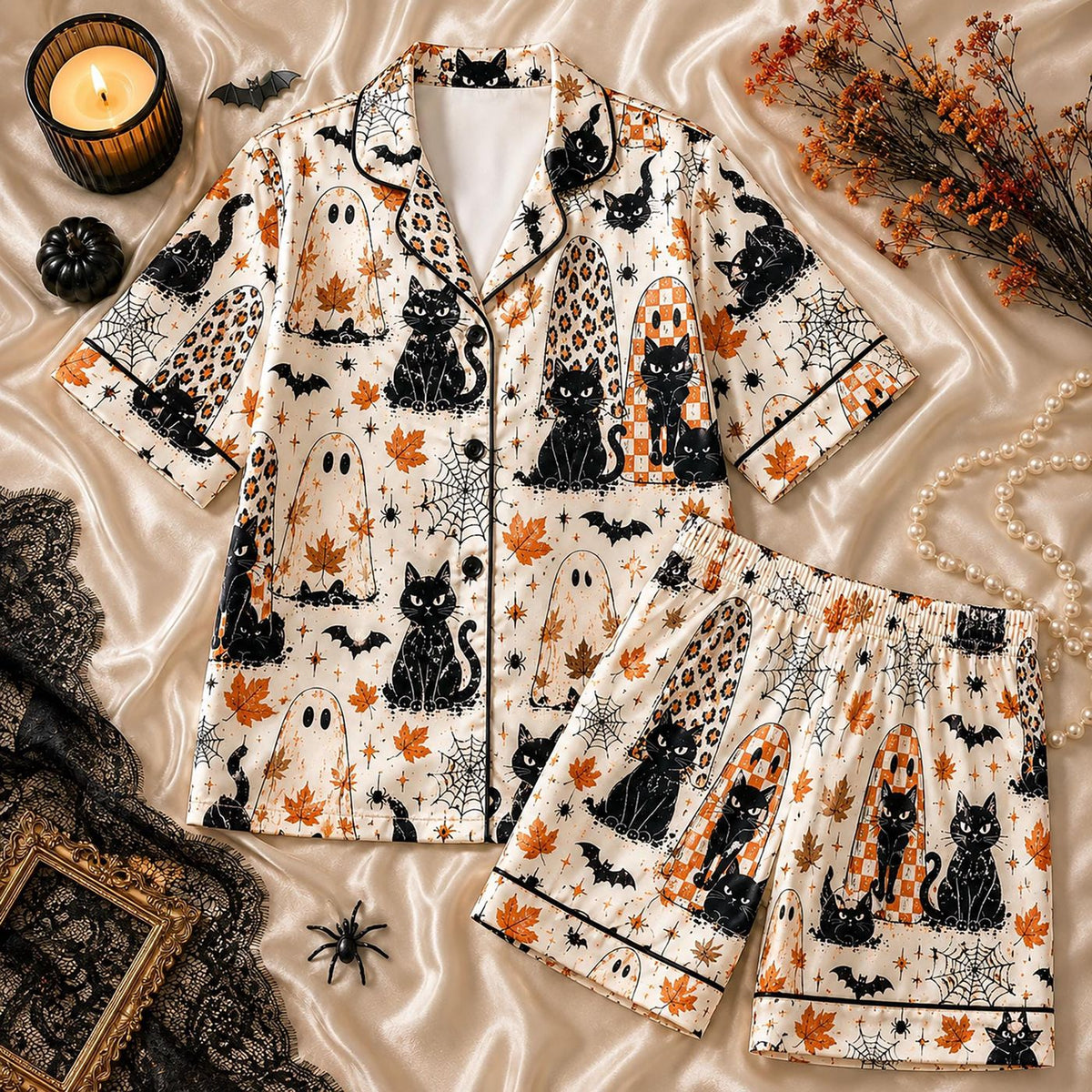 Spooky Black Cat Halloween Pajamas & Ghost Leaf Satin PJ Set - Perfect Gift for Her