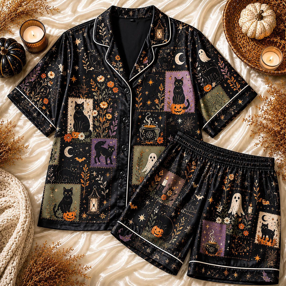Spooky Cat & Ghost Women Pajamas Set: Witchy Black Satin PJs Gothic Pumpkin Sleepwear - Halloween Gift