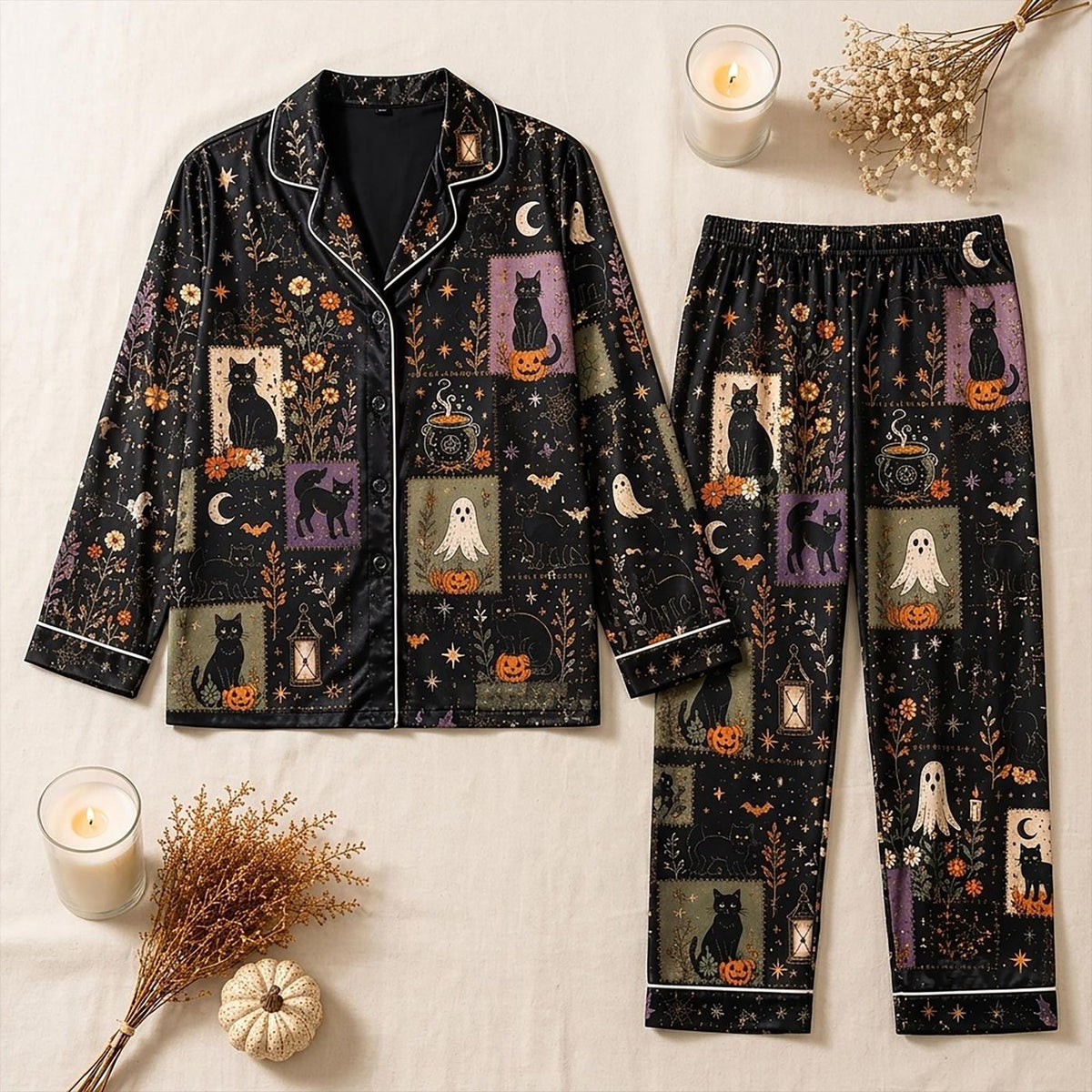 Spooky Cat & Ghost Women Pajamas Set - Witchy Black Satin Gothic Sleepwear for Halloween