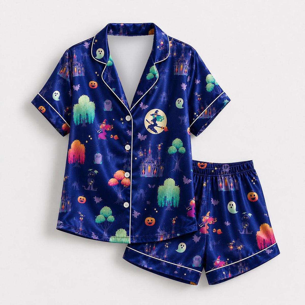 Spooky Celebration Satin Pajamas: Festive Halloween Sleepwear Set for Autumn Loungewear Gift