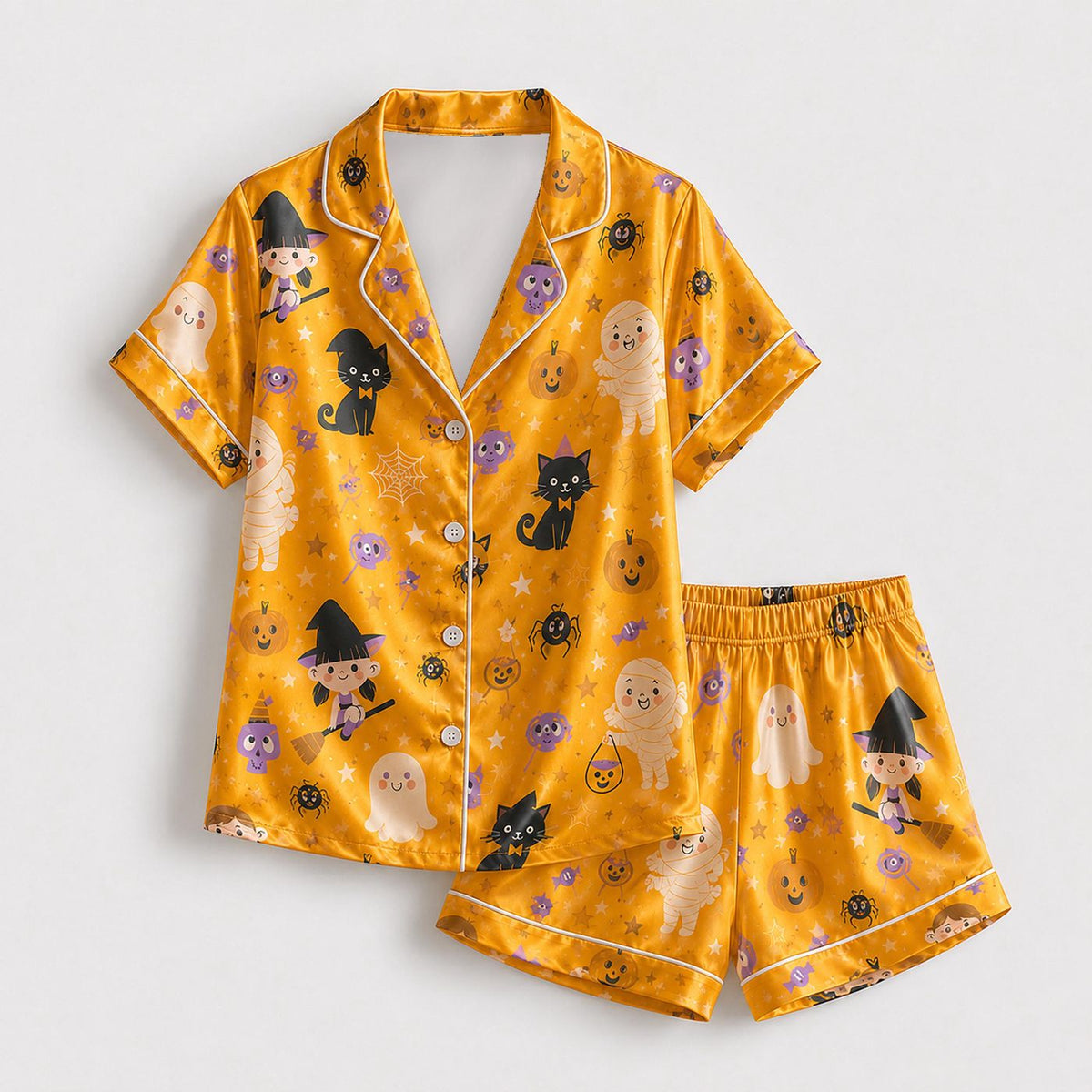 Spooky Chic Satin Pajamas: Cozy Halloween Sleepwear Set - Limited Edition Gift