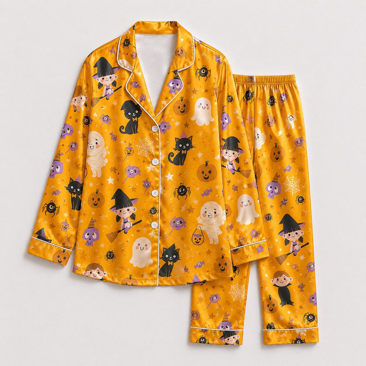 Spooky Chic Satin Pajamas: Whimsical Halloween Sleepwear Set for Cozy Autumn Nights - Limited Style Gift