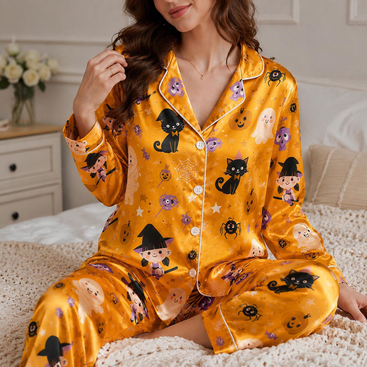 Spooky Chic Satin Pajamas: Cozy Halloween Sleepwear Set - Limited Edition Gift