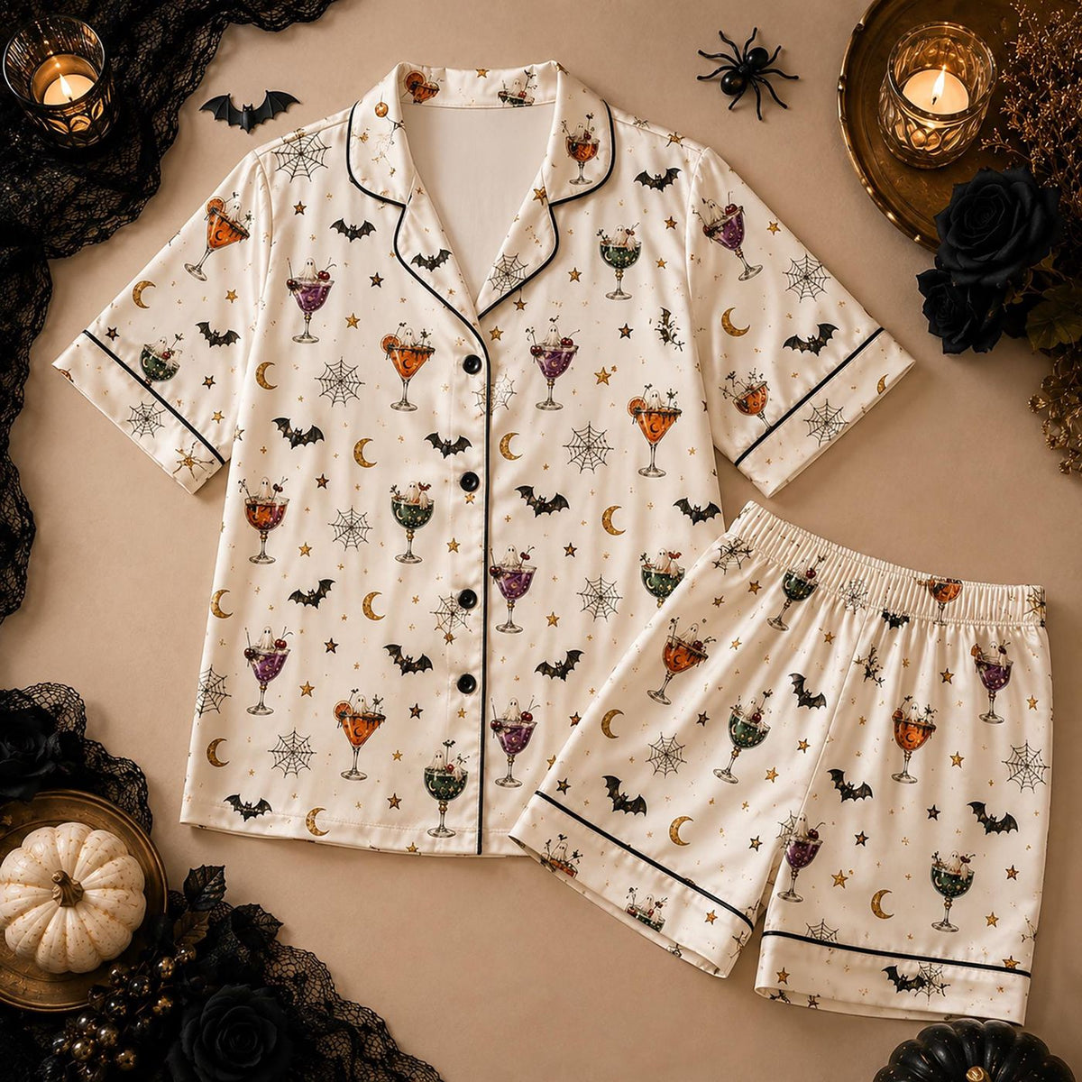 Spooky Cocktail Halloween Pajamas Set: Ghost Drink Satin PJ Set for Her