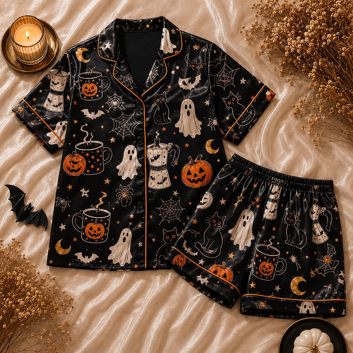 Spooky Coffee Ghost Women Pajamas Set: Black Cat Satin Sleepwear for Aesthetic Halloween Loungewear